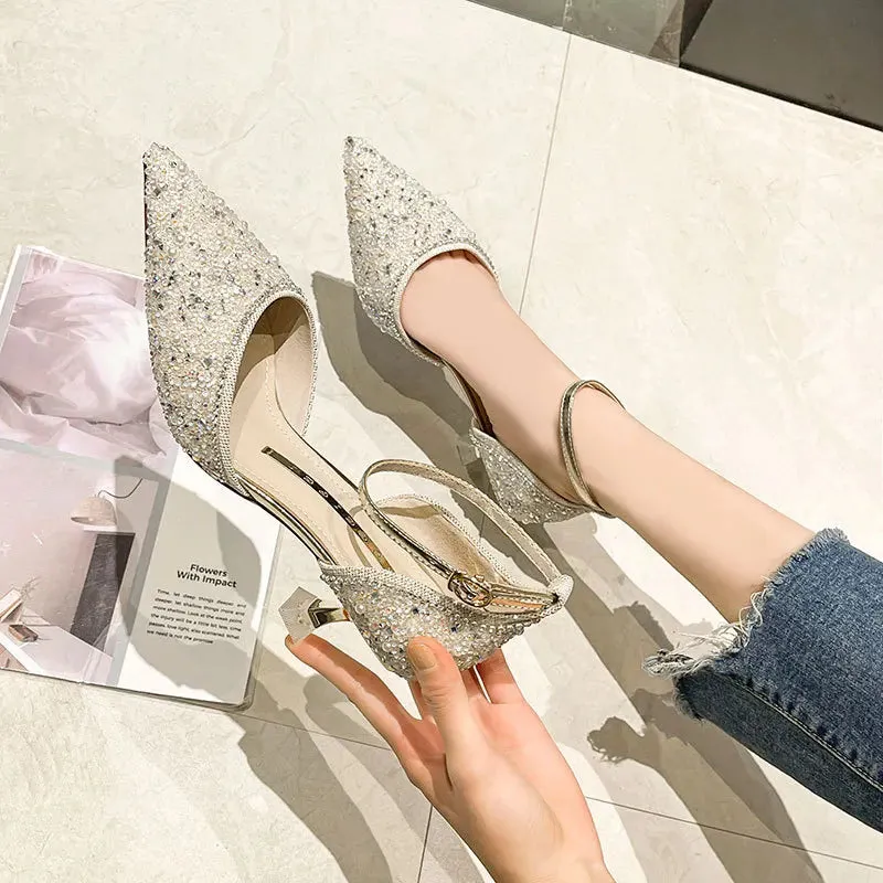 Sohiwoo Women's High Heels New Ankle Strap Crystal High Heels Women's Pointy Skinny Heels Wedding Party Shoes Elegant Women's Shoes