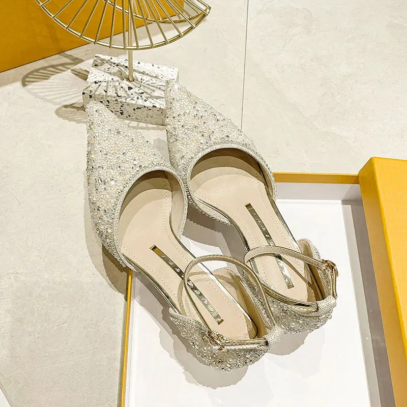 Sohiwoo Women's High Heels New Ankle Strap Crystal High Heels Women's Pointy Skinny Heels Wedding Party Shoes Elegant Women's Shoes