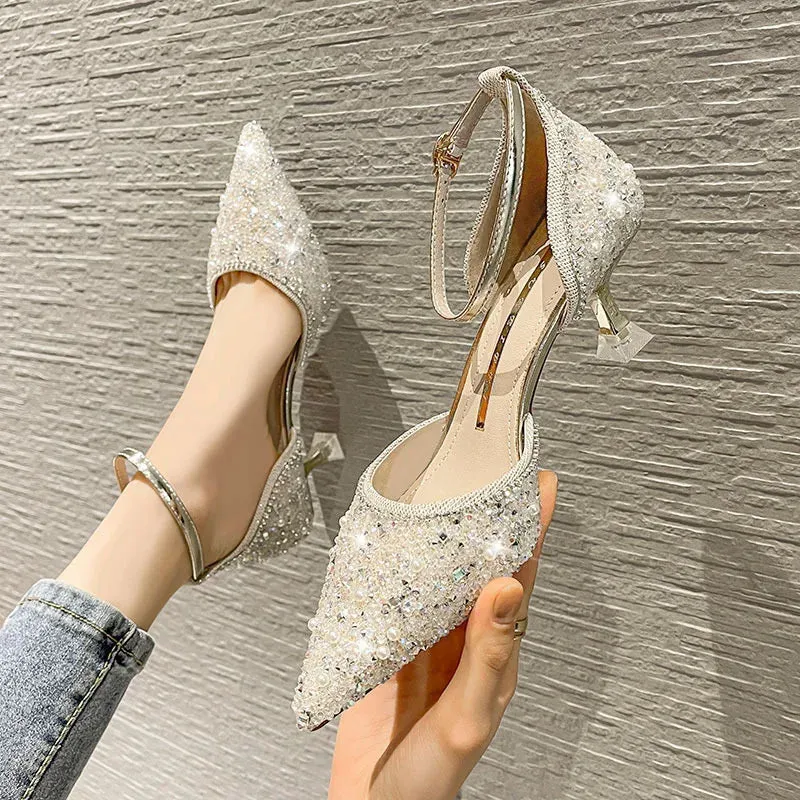 Sohiwoo Women's High Heels New Ankle Strap Crystal High Heels Women's Pointy Skinny Heels Wedding Party Shoes Elegant Women's Shoes