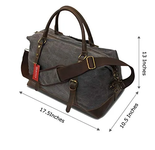 Weekender Duffel Bag Travel Tote - Canvas Genuine Leather Overnight Bag