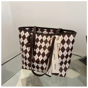 Women's Big Retro Diamond Contrast Large Capacity Shoulder Tote Bag
