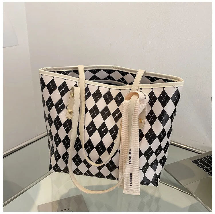 Women's Big Retro Diamond Contrast Large Capacity Shoulder Tote Bag